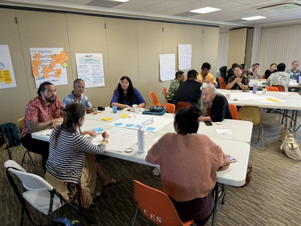 Participants talking around tables at an indoor workshop